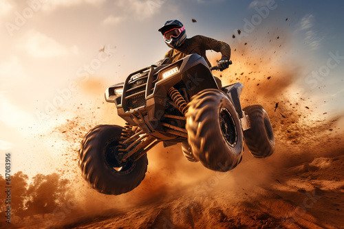 Man jumping atv vehicle on offroad track in touristic tour, extreme sport activities theme. ai generative photo