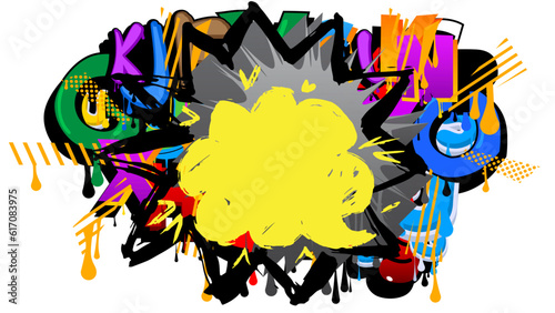 Multicolored Graffiti speech bubble isolated on white background. Abstract modern colorful street art decoration backdrop performed in urban painting style.