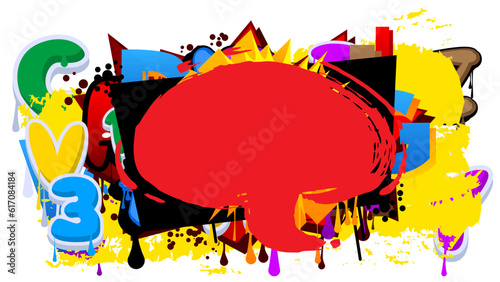Multicolored Graffiti speech bubble isolated on white background. Abstract modern colorful street art decoration backdrop performed in urban painting style.
