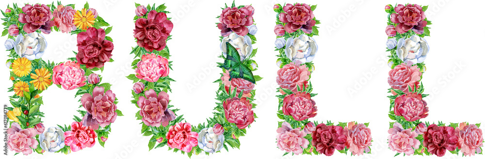 Word BULL of watercolor flowers for decoration