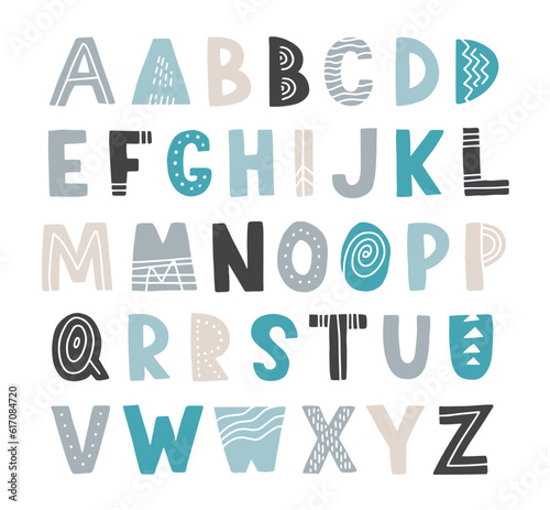 Scandinavian colorful font. Vector childish hand drawn alphabet. Hygge style letters. Happy day type family