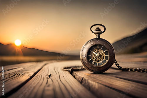 Compass on a wood deck. Old compass on wooden background with sunset background