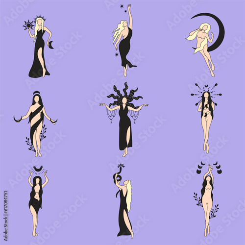 Vector Illustration Seth Girl Magic Hecate Witch Moon Goddess Femininity Black Yellow Purple Long Hair