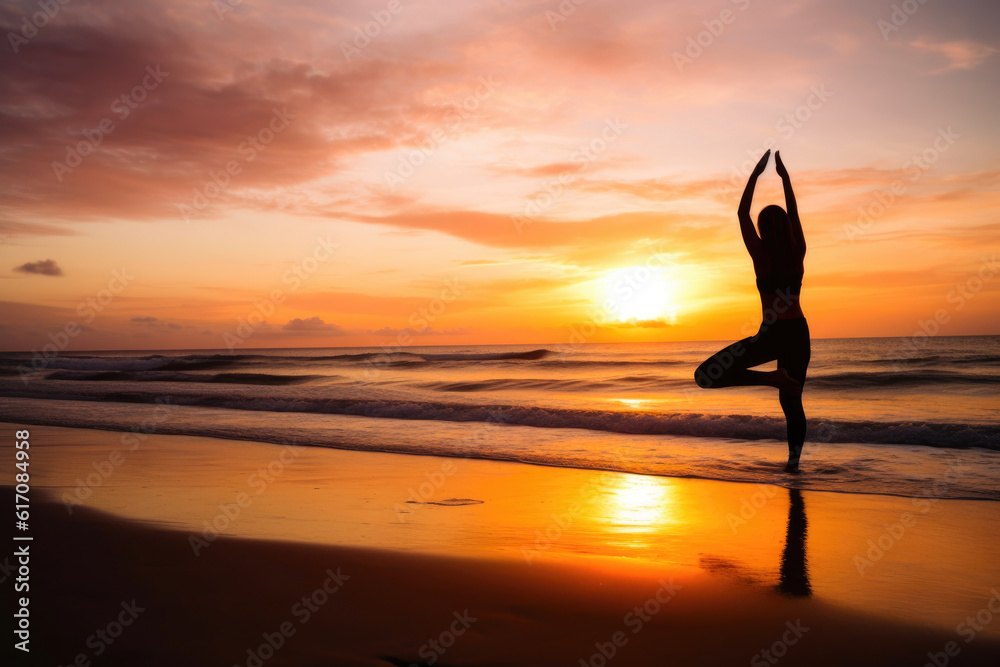 A peaceful yoga session on a serene beach at sunset. Generative AI