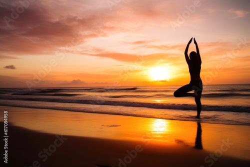 A peaceful yoga session on a serene beach at sunset. Generative AI