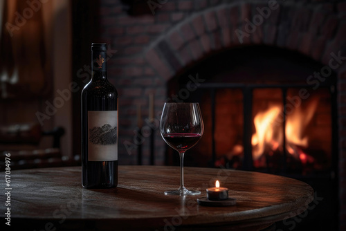 Cozy Ambiance: Red Wine by the Fireplace. Generative AI