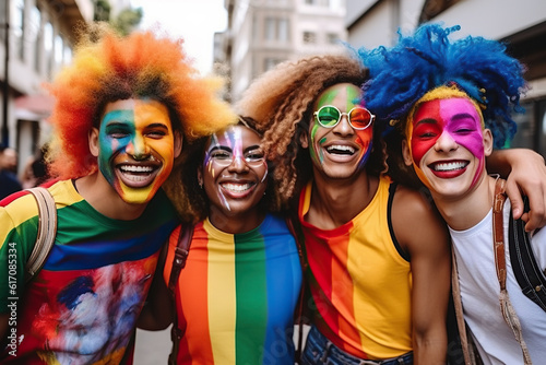 Laughing diverse friends with colorful paint on face