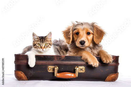 Heartwarming chien et chat cozy in a traveling valise, evoking pet-care quandaries during owner's holiday adventures. Cherish delightful companionship moments. Generative AI photo