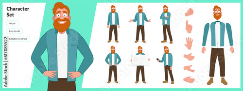 Illustration of ginger bearded man, wearing business casual clothing in a set of multiple poses. Easy to edit with editable line strokes and isolated on white background. Suitable for animation.