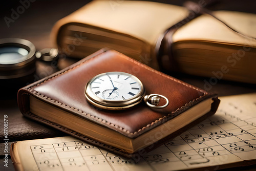 old pocket watch and books, antique pocket watch on closed old book background