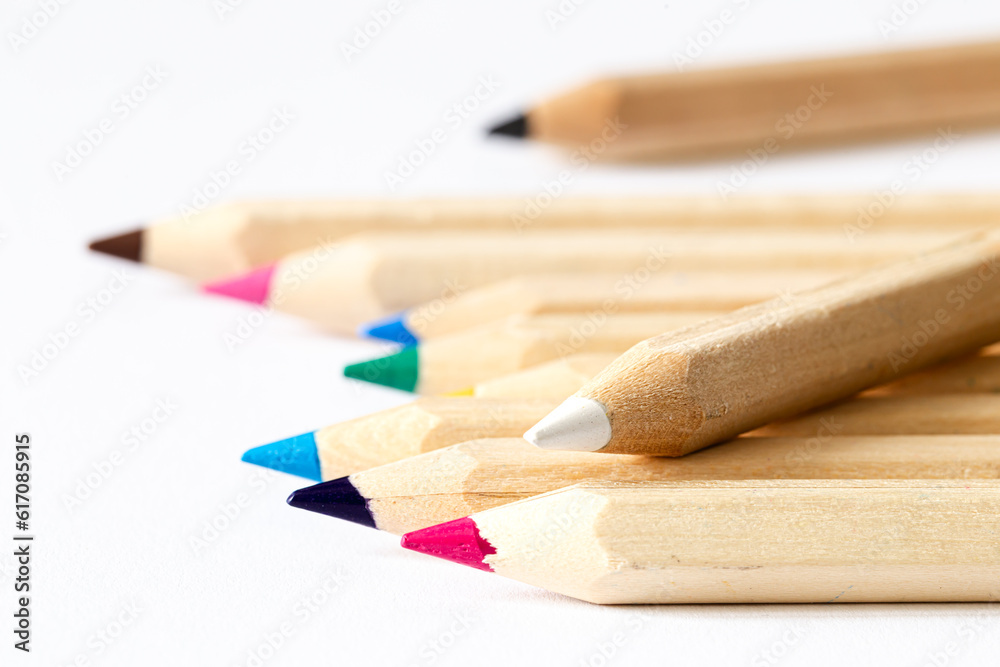 Colour pencils isolated on white background, close up. Colour pencils isolated on white background, close up.