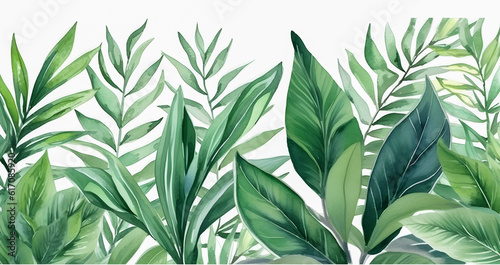 Mix Green tropical leaves on white background. Watercolour hand painting, Ai generated