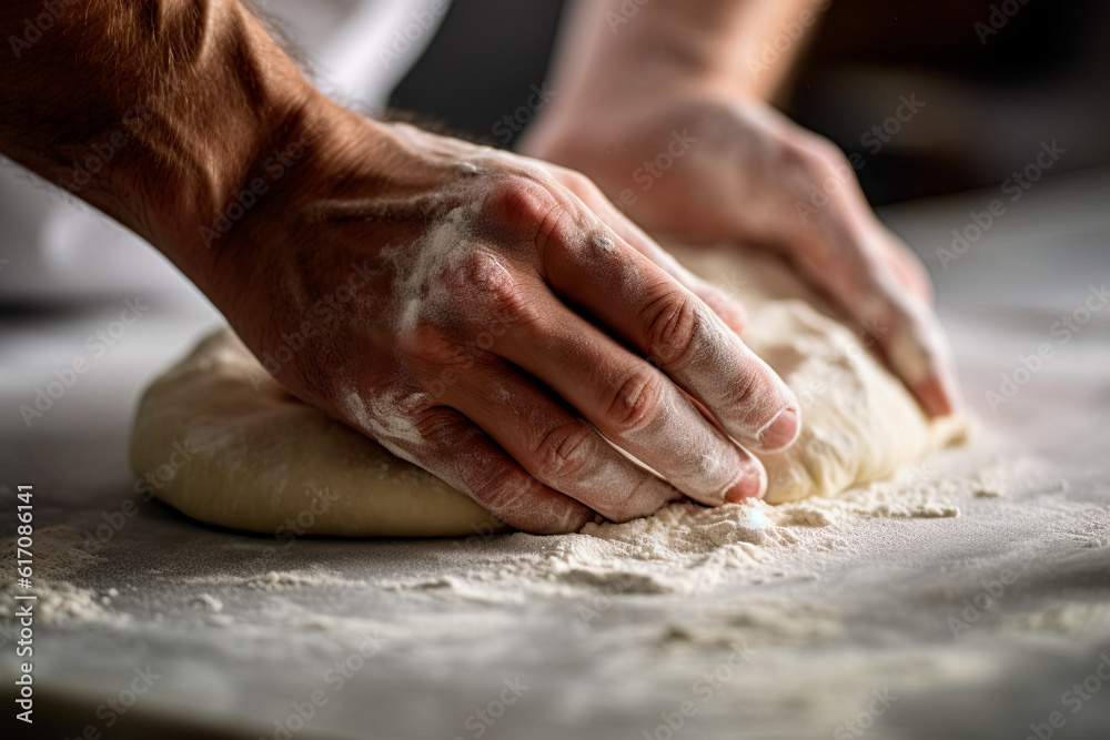  Man kneading dough for pizza, bread or pastry on wooden table in a bakery. Generative Ai