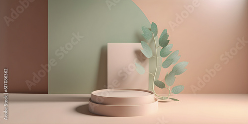 3D display podium. Pastel beige and green minimalistic background with pedestal stand and blooming Sakura brunch, for product display. AI generated