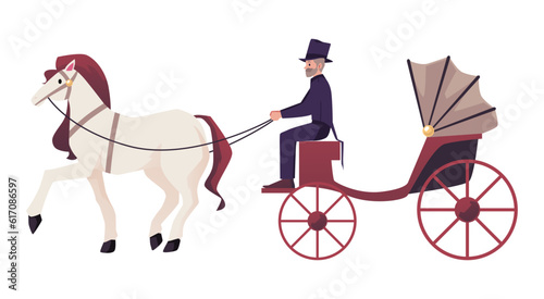 Mustachioed coachman in carriage with horse flat style photo
