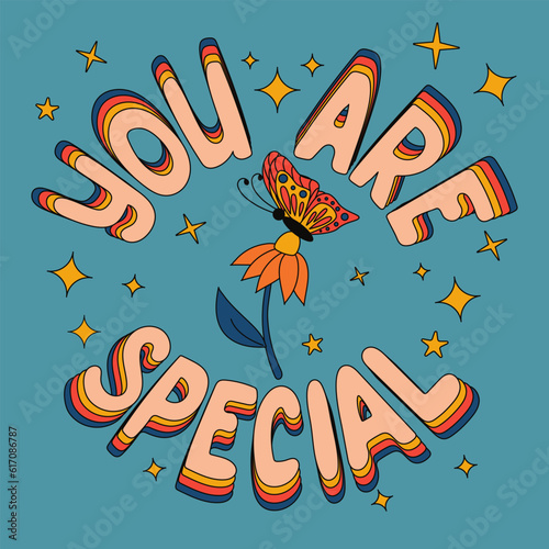 Motivating cartoon typographic composition. Isolated outline slogan You Are Special in flat 3d style. Text and daisy with butterfly on blue background with stars. Suitable for tshirt print, banner.