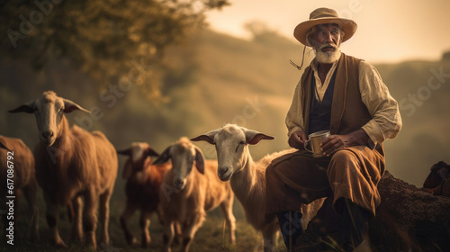 The Joyful Encounter: The Goat Herder and His Dancing Goats. Generative AI photo