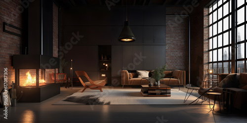 Dark living room loft with fireplace, industrial style. AI generated