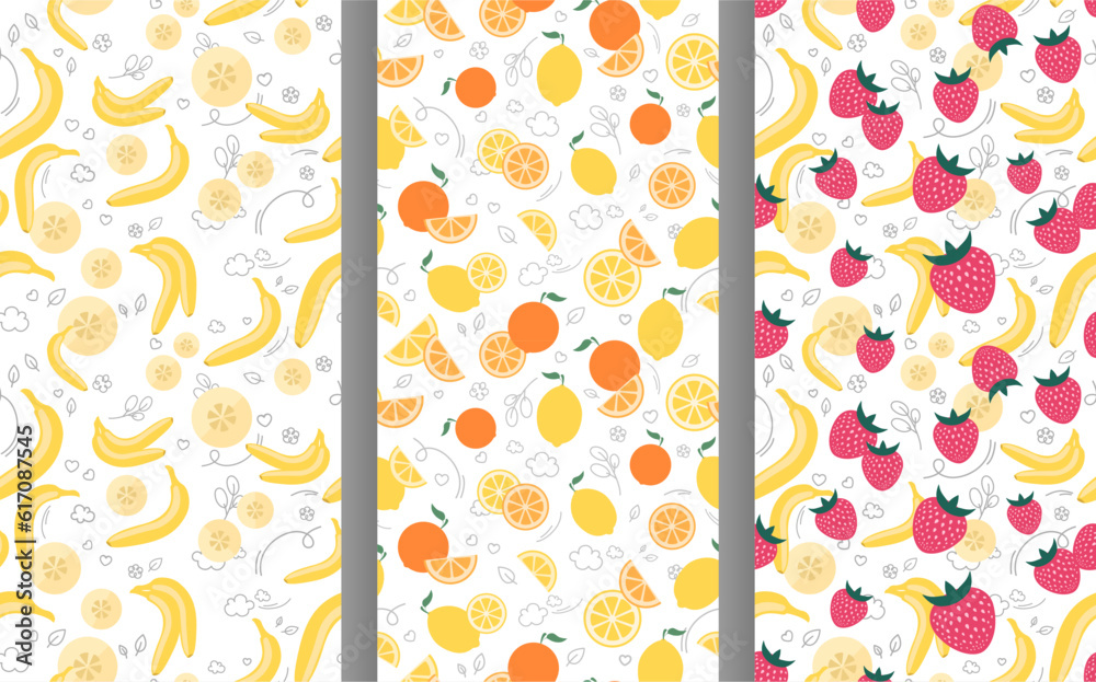Vector seamless patterns set with many small fruit, berry icons. Whole banana, lemon, strawberry, round slices. Decorative element for juice packaging layout design. Healthy lifestyle. Diet nutrition