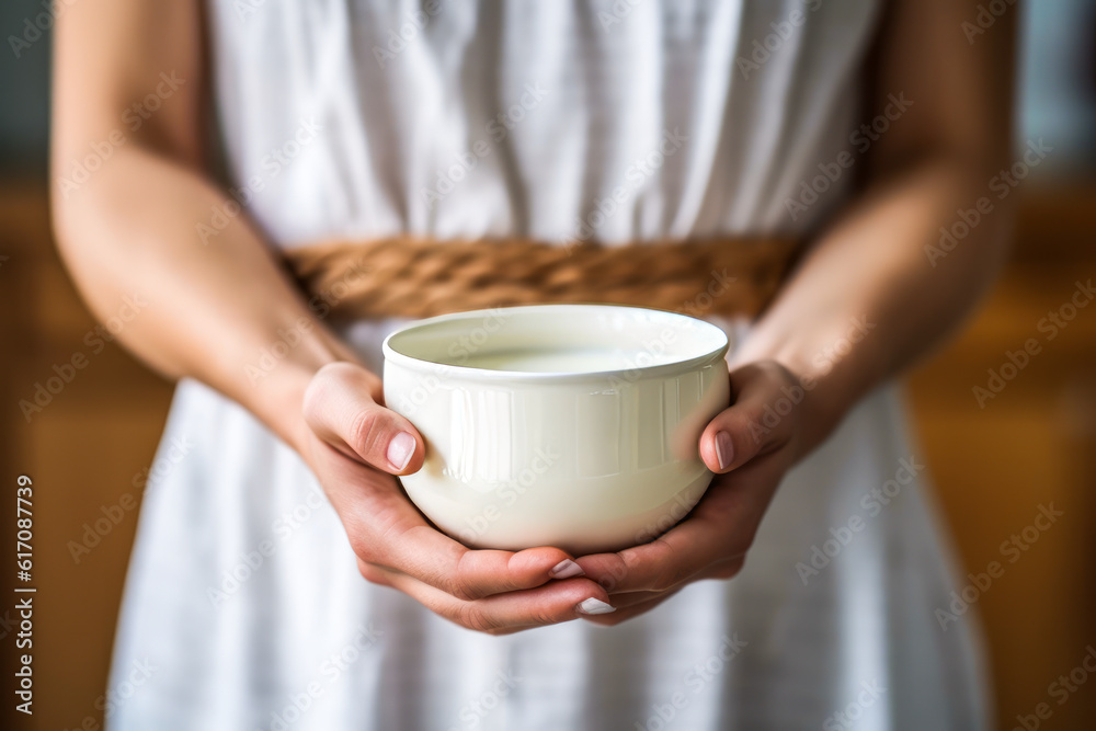 Captivating hands of a young woman holding a dish filled with milk, evoking emotions for cooking enthusiasts and stirring the desire for culinary creativity. Generative AI Captivating hands of a young woman holding a dish filled with milk, evoking emotions for cooking enthusiasts and stirring the desire for culinary creativity. Generative AI