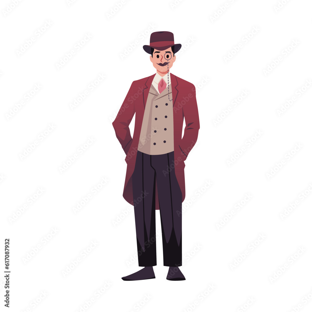 Obraz premium Fashionable man in Victorian style clothes, flat vector illustration isolated on white background.