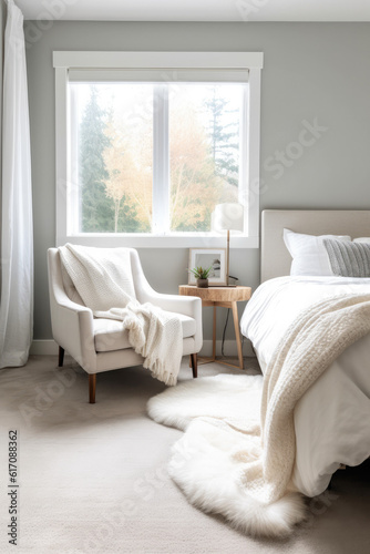 a white leather chair, blankets, pillows, and a small rug in a bedroom, in the style of modern minimalist, ai generative © SHArtistry