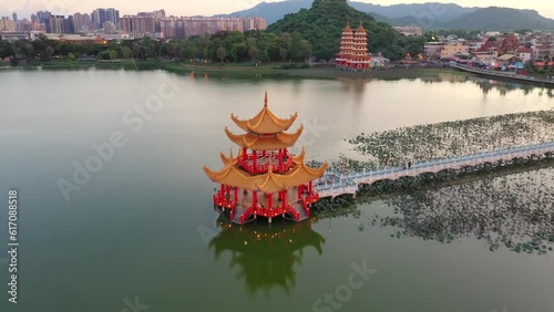 Aerial travelling at Wuliting Pavilion at sunset, Kaohsiung, Taiwan photo