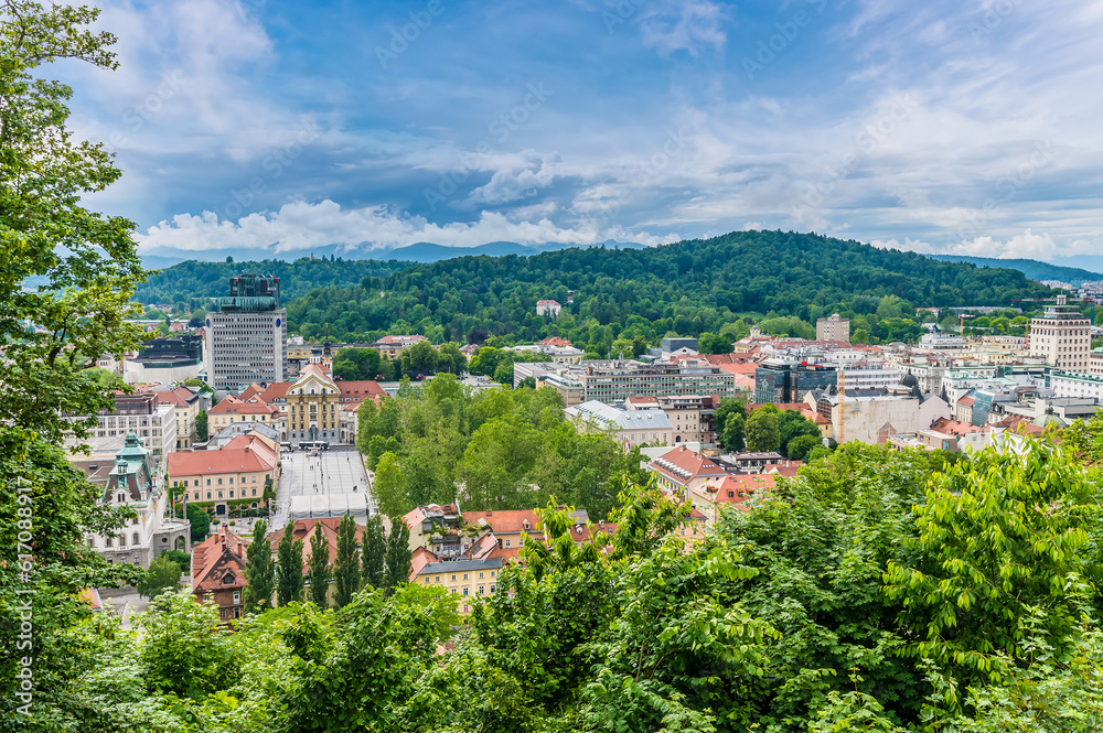 A view east from the castle above Ljubljana, Slovenia in summertime