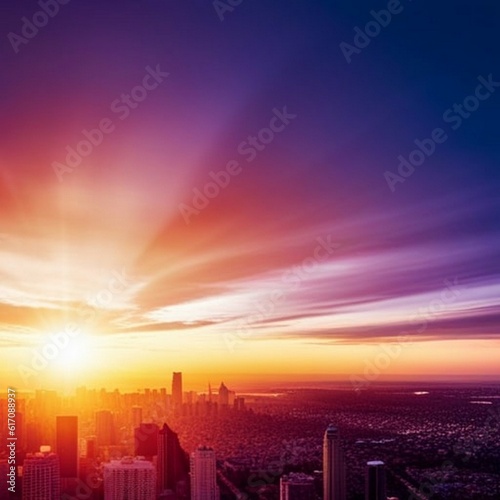 stunning sunset over a futuristic city  with towering skyscrapers  golden hour lighting and dramatic  clouds  high detail  moody atmosphere