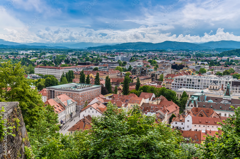 A view north west from the castle above Ljubljana, Slovenia in summertime