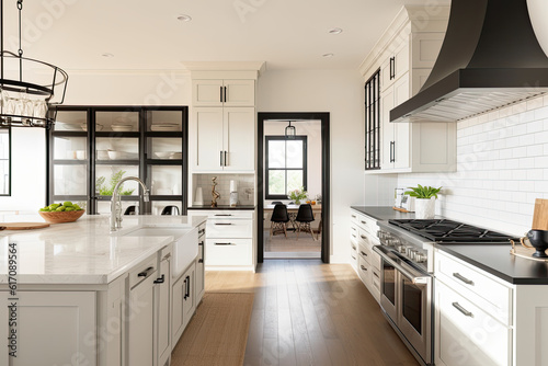 Marble  white modern kitchen for interior design  benjamin moore natural cream on cabinets with black hardware  10 foot island with lights over the top  brushed nickel appliances  ai generative