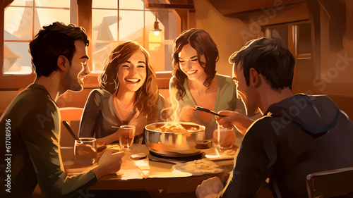 illustration d'un groupe d'amis en train de déguster une fondue savoyarde dans un restaurant, dessin - IA générative photo