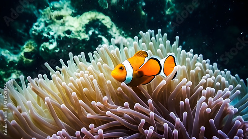 Nemo fish among coral reefs. Marine environment. AI generated
