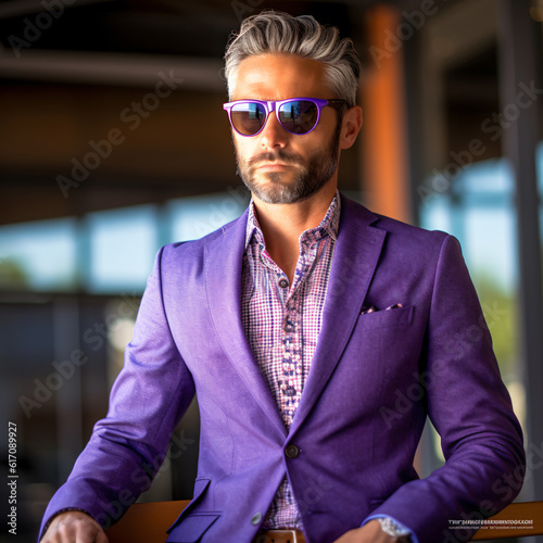 Successful trendy business man wearing purple suit and sunglasses, standing outside modern building. Generative AI