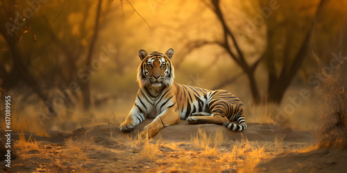 Tiger in the jungle at sunset. AI generated © ZayNyi