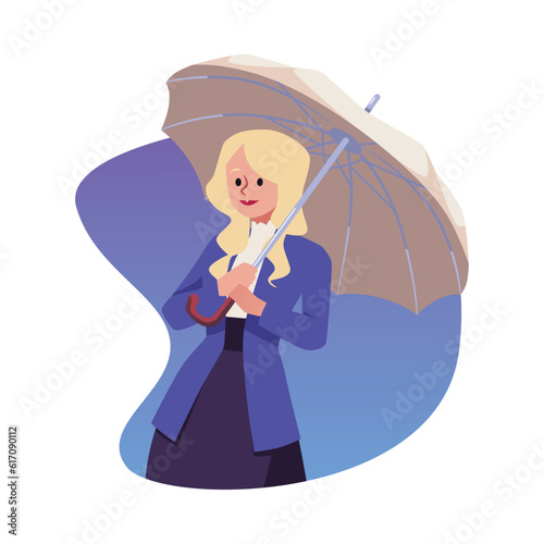 Victorian beautiful blonde woman in a formal suit with an umbrella, 19th century, cartoon vector isolated illustration
