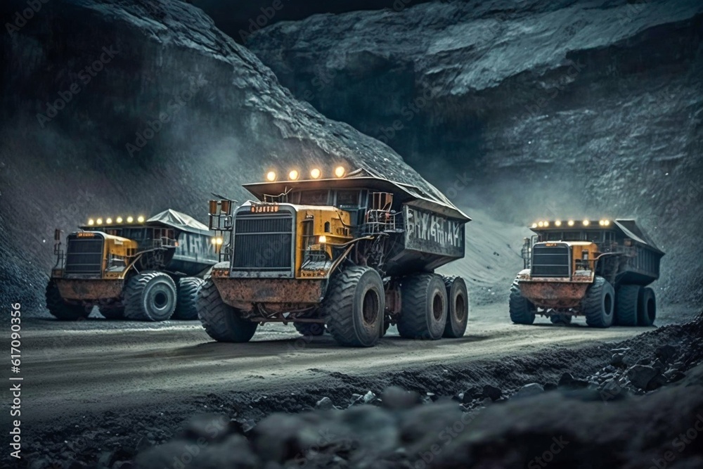Coal Dump Trucks in an Open Cut Coal Mine. Generative ai Coal Dump Trucks in an Open Cut Coal Mine. Generative ai