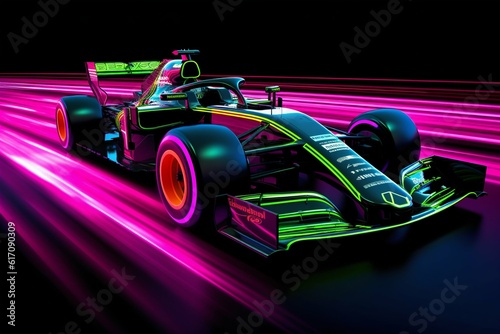 F1 Speed Race Car Fast Moving with Neon Lights. Generative ai