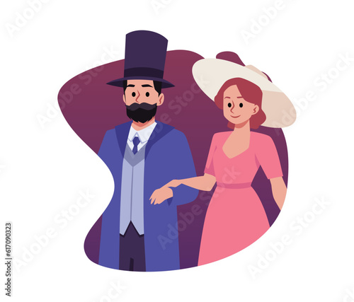 Smiling man and woman in victorian style clothes flat style, vector illustration