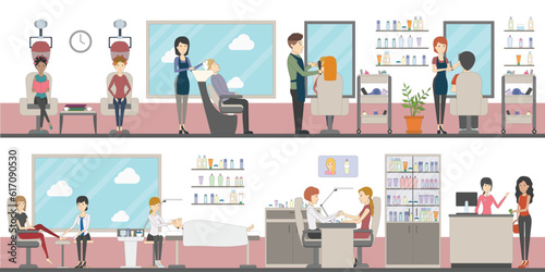 hairdresser making female customer hair in a hair salon and cartoon girl and cartoon boy with hand-drawn cartoon art vector illustration