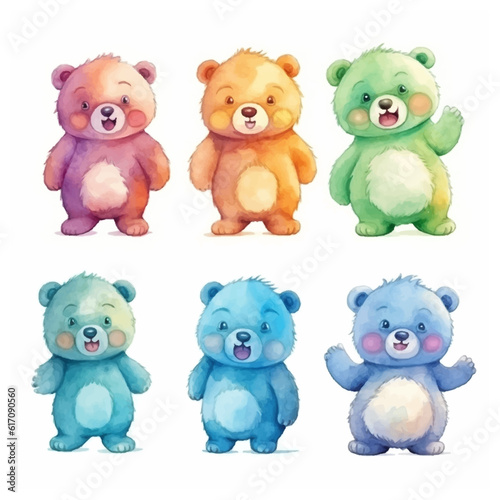 A set of watercolor bears with a white background