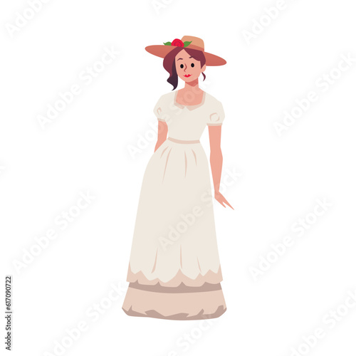 Cute young woman in victorian dress flat style, vector illustration
