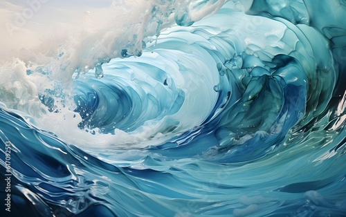 Close-Up Ultra-Realistic Image of Single Wave Crest, Abstract Textures and Patterns, Light Interaction, Blue and Turquoise, Generative AI, Generative, KI