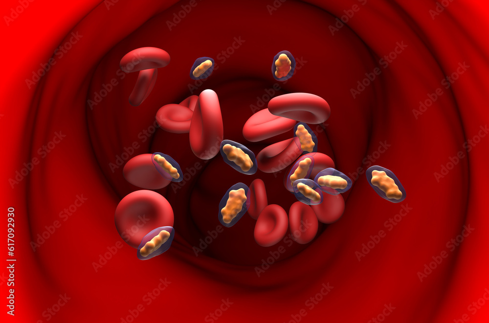 Ibuprofen molecules in the blood flow section view 3d illustration