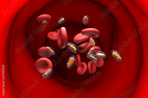 Ibuprofen molecules in the blood flow - section view 3d illustration photo