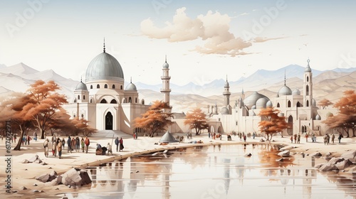 Beautiful watercolor illustration of an Islamic mosque in a landscape © AndhikaRff