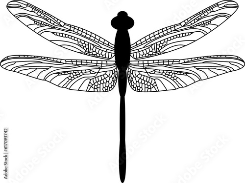 Decorative silhouette dragonflies Template for tattoo, engraving, printing on T-shirts, cups, posters, postcards, etc