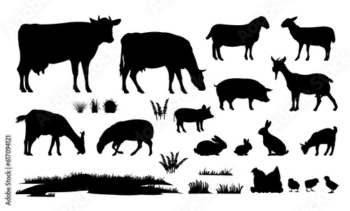 Different domestic rural animals set. Pets farmer. Picture silhouette black isolated on white background. Vector