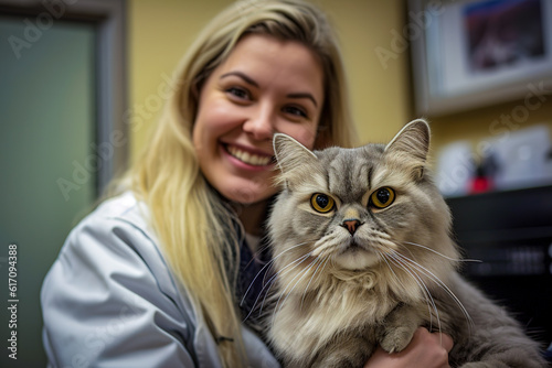 Close up of a cute cat in veterinary clinic. Cat and doctor	
