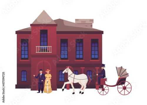 Vector carriage with white horse and an aristocratic couple in elegant costumes isolated on background vintage old house